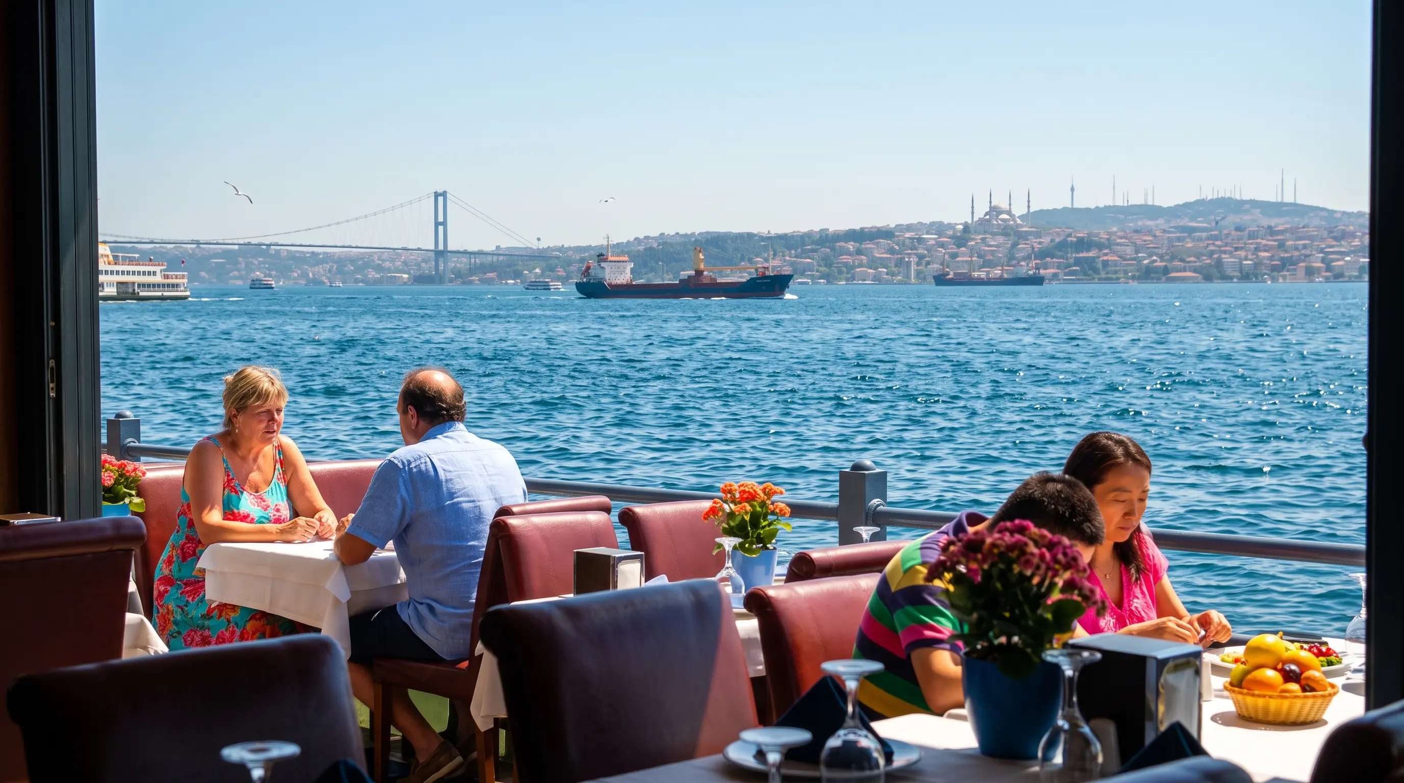 Daytime view of the Bosphorus from Yıldızlar Restaurant’s waterfront tables